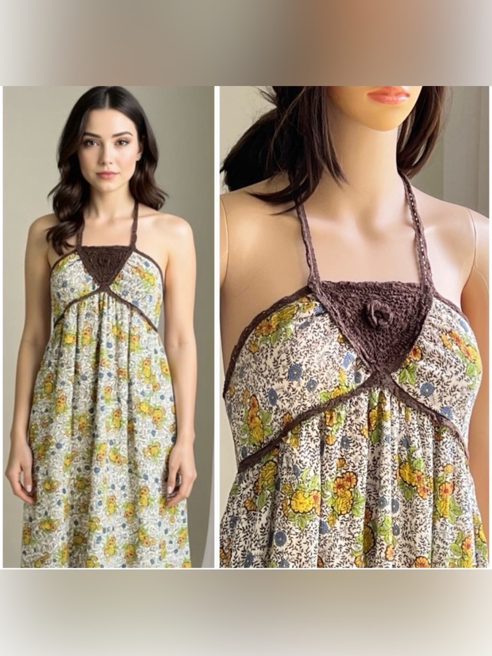 Free People Vintage Y2K Brown Floral Crochet Cotton Babydoll
Dress size 8